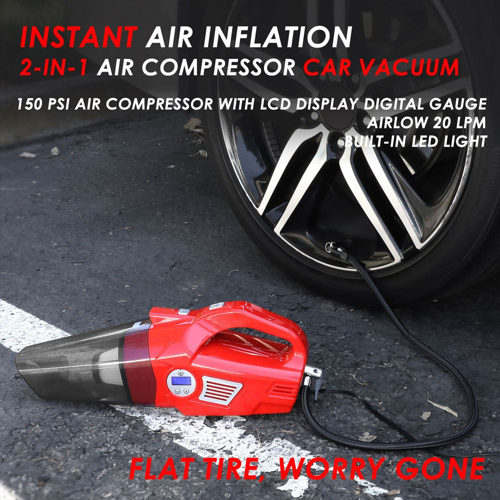 Red 2In1 Corded Handheld Mini Vacuum Cleaner w/LED Light & Air Compressor Pump