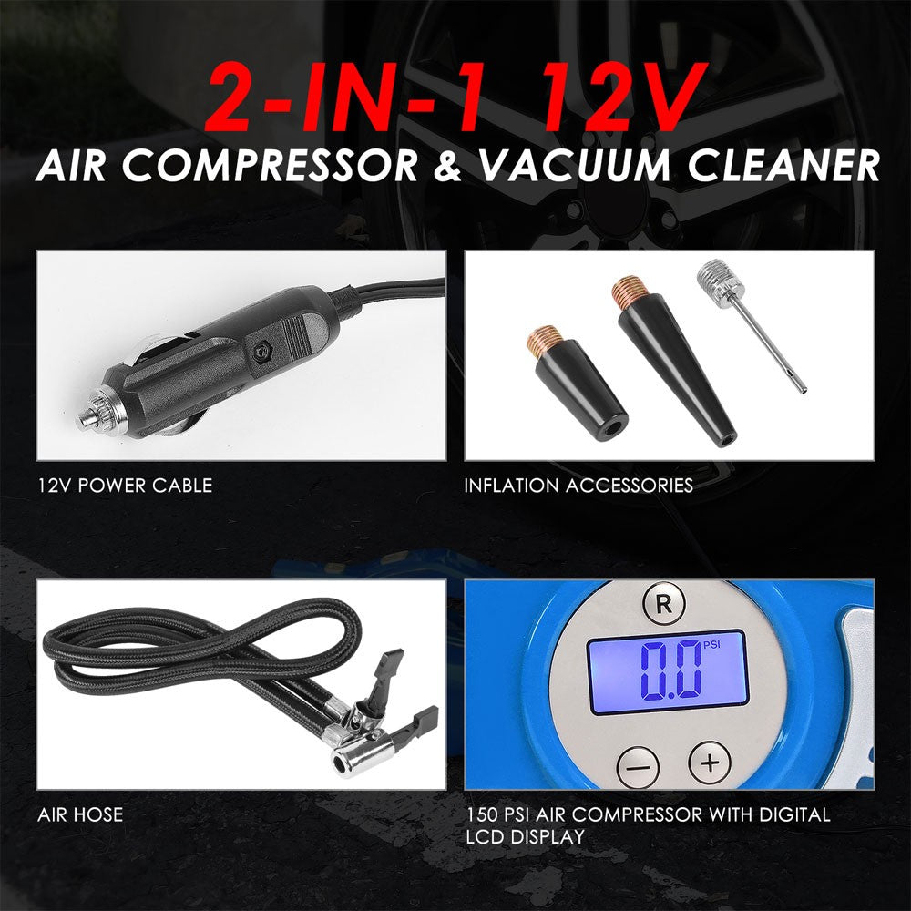 Blue 2In1 Corded Portable Mini Vacuum Cleaner w/LED Light & Air Compressor Pump