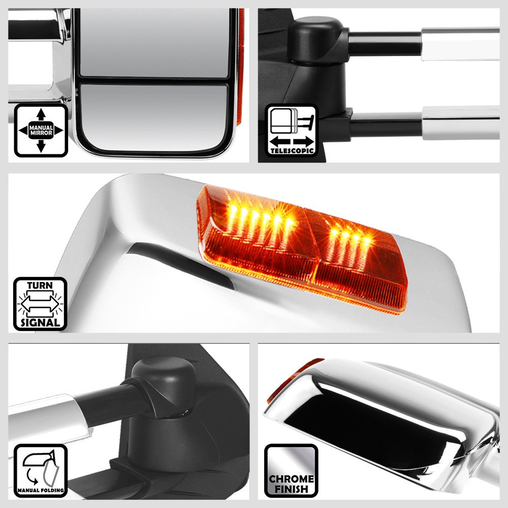 Left/Right Chrome Towing Side Mirror Manual+ LED Turn Signal for 07-13 Escalade