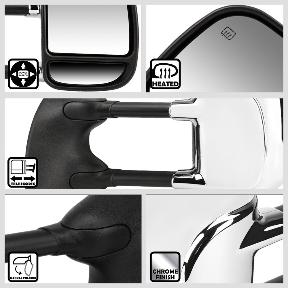 Left/Right Chrome Towing Side Mirror Powered W/Heated for 99-07 F-250SD