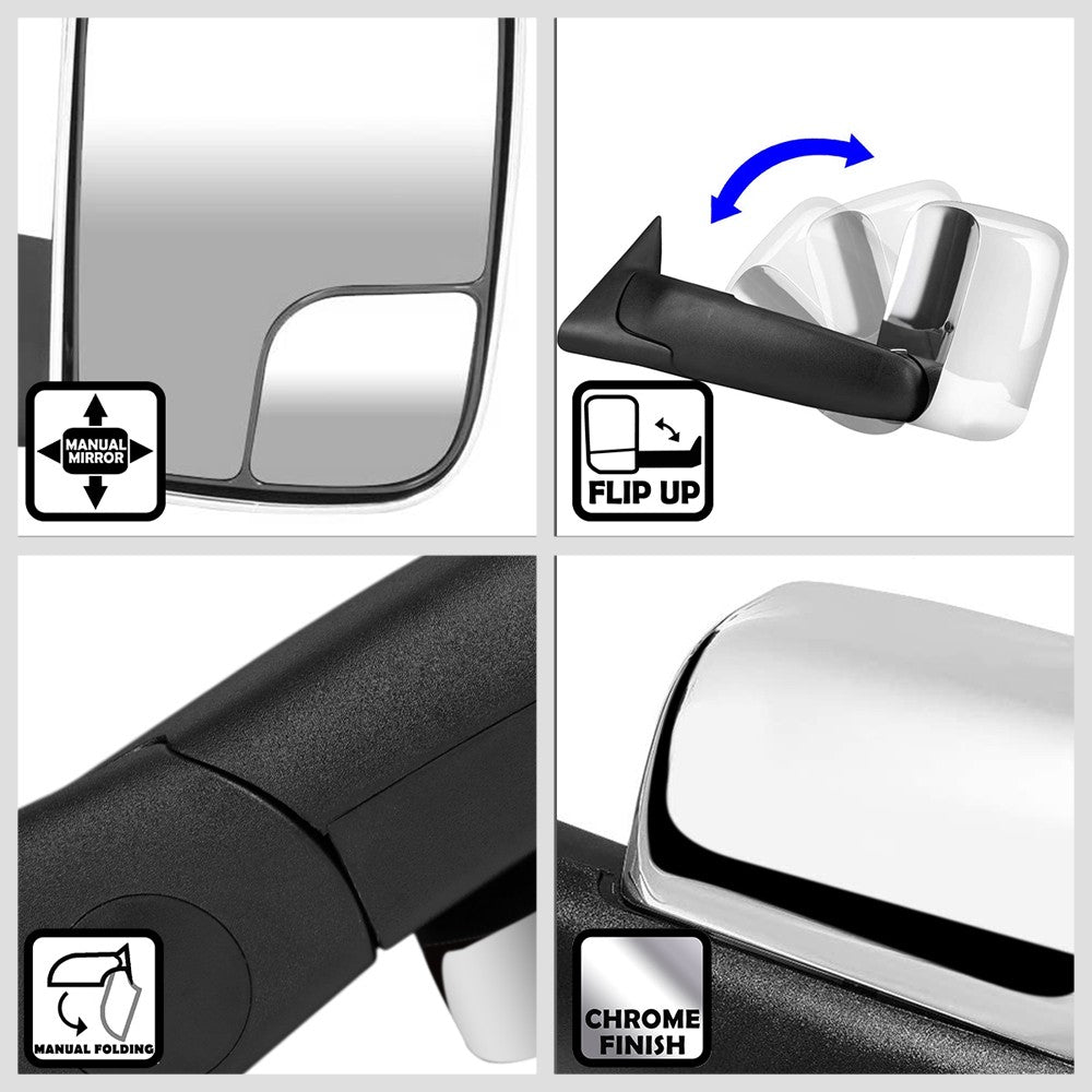 Left/Right Chrome Towing Side Mirror Manual Adjustment for 94-02 Ram 3500