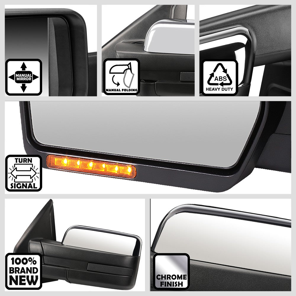 Left Chrome Towing Side Mirror Manual Adjustment Turn Signal for 04-14 F-150