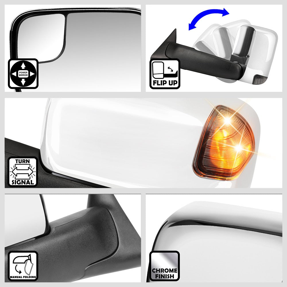 Left/Right Chrome Towing Side Mirror Powered LED Turn Signal for 94-97 Ram 3500