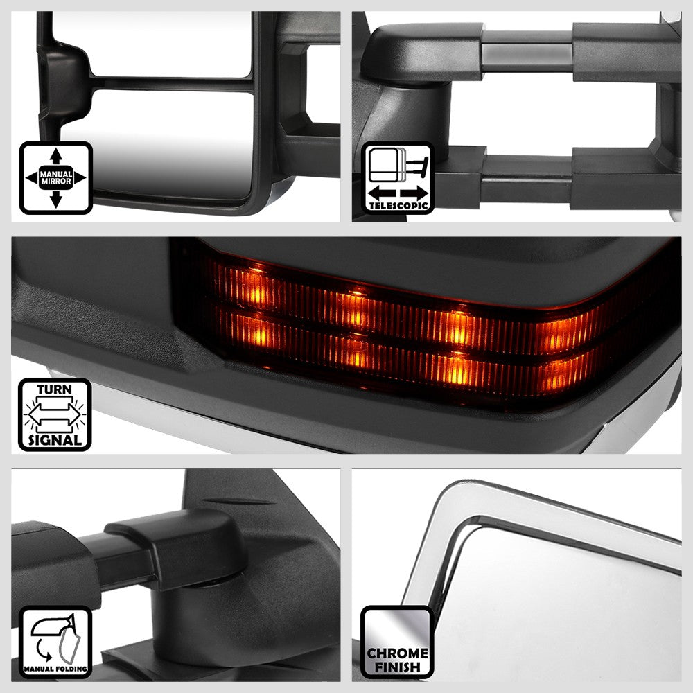 Left/Right Chrome Towing Side Mirror Manual+ LED Turn Signal for 07-14 Yukon