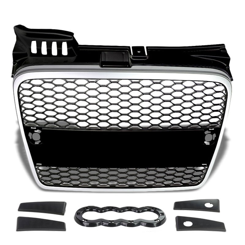 Silver Frame/Black Honeycomb Mesh RS Style Grille For 05-08 A4 B7 Typ 8E/8H PL46-Exterior-BuildFastCar