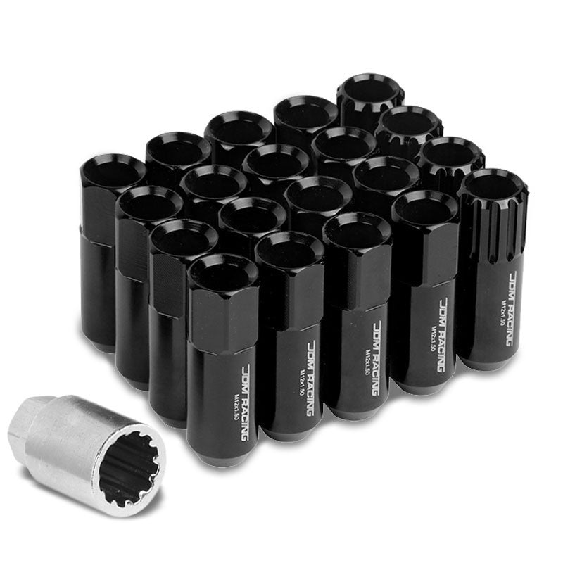 Black Aluminum M12x1.50 Conical Open End Acorn Tuner 16x Lug Nuts+4 Lock Nuts-Accessories-BuildFastCar