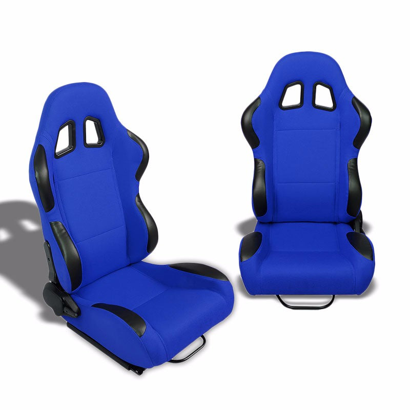 Pair Blue/Black Side Reclinable Woven Fabric Type-R Style Racing Seats W/Sliders-Interior-BuildFastCar