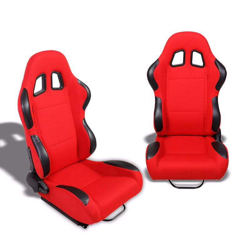 Pair Red/Black Side Reclinable Woven Fabric Type-R Style Racing Seats W/Sliders-Interior-BuildFastCar