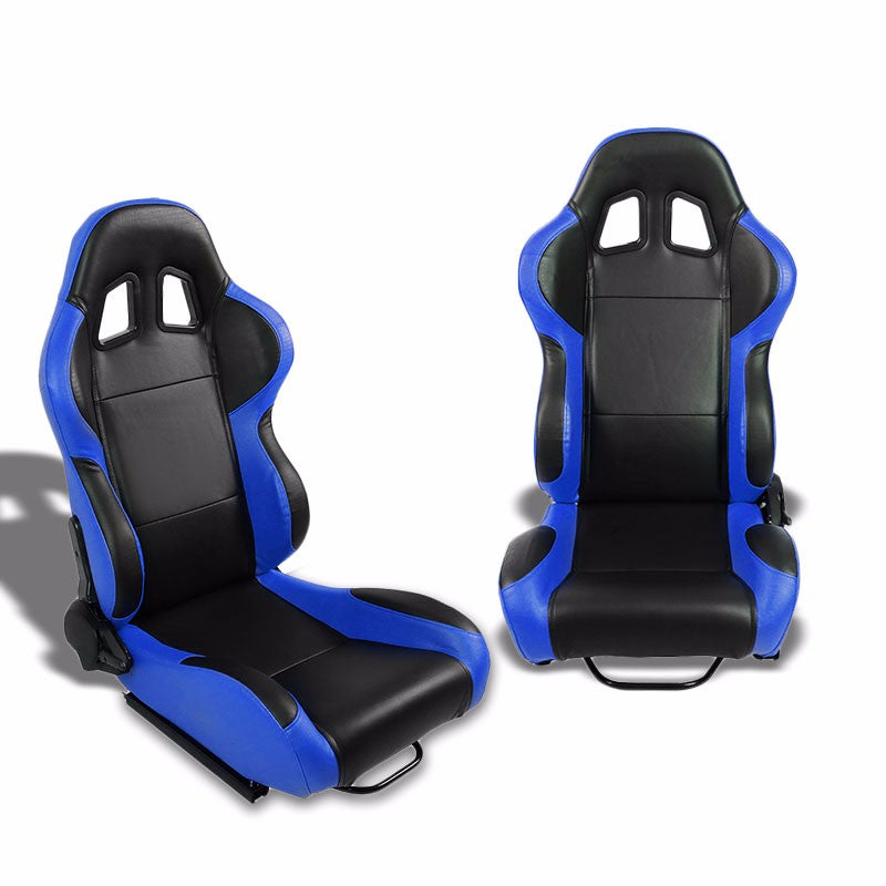 Pair Black/Blue Side Reclinable PVC Leather Type-R Style Racing Seats W/Sliders-Interior-BuildFastCar