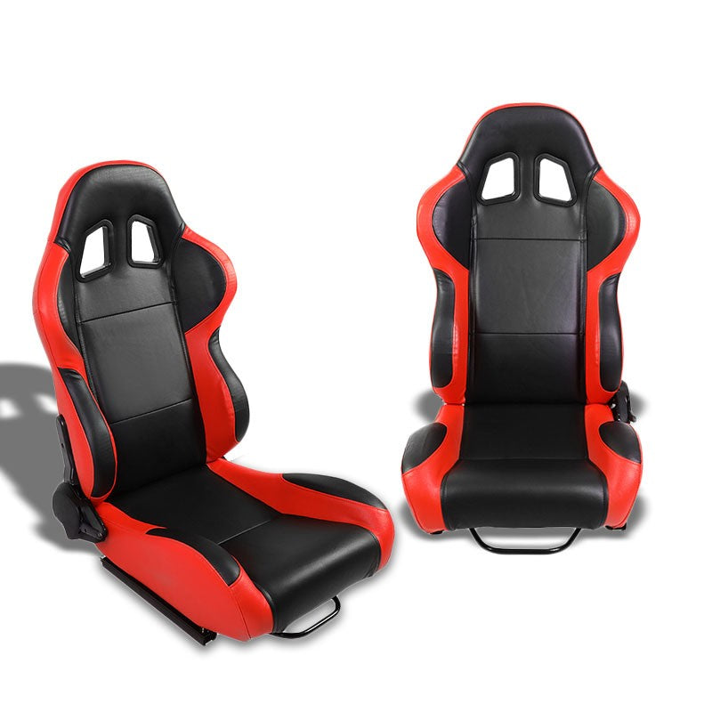 Pair Black/Red Side Reclinable PVC Leather Type-R Style Racing Seats W/Sliders-Interior-BuildFastCar