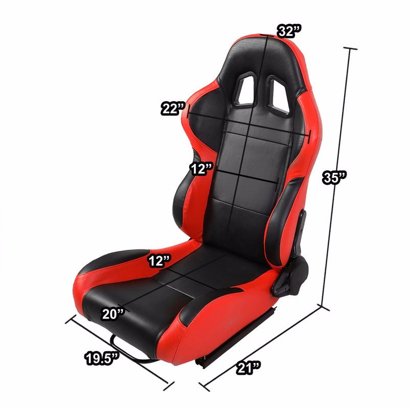 Pair Black/Red Side Reclinable PVC Leather Type-R Style Racing Seats W/Sliders-Interior-BuildFastCar