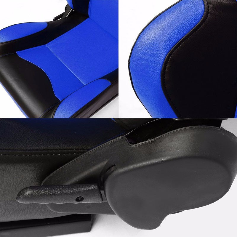 Pair Blue Center/Black Side Reclinable PVC Leather Sport Racing Seats W/Sliders-Interior-BuildFastCar