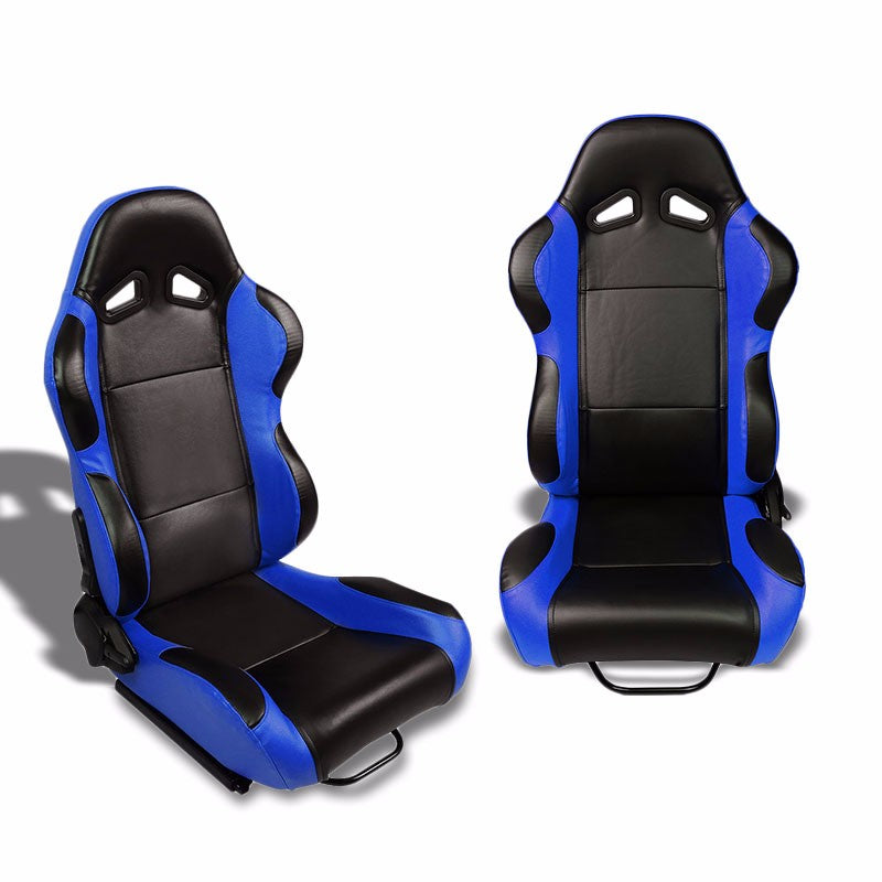 Pair Black Center/Blue Reclinable PVC Leather Type-R Style Racing Seats W/Sliders-Interior-BuildFastCar