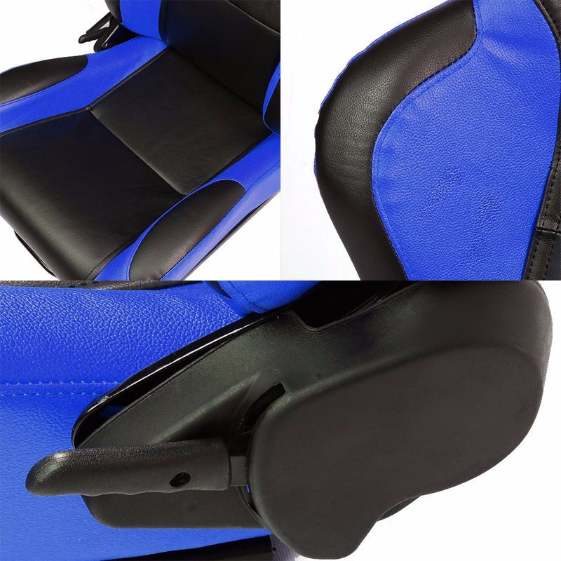 Pair Black Center/Blue Reclinable PVC Leather Type-R Style Racing Seats W/Sliders-Interior-BuildFastCar