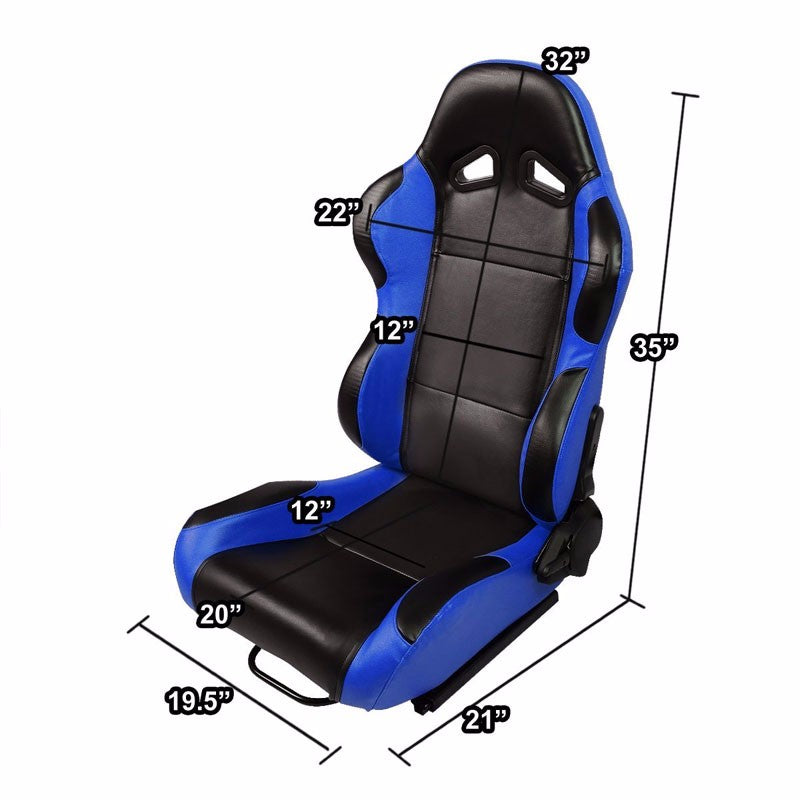 Pair Black Center/Blue Reclinable PVC Leather Type-R Style Racing Seats W/Sliders-Interior-BuildFastCar