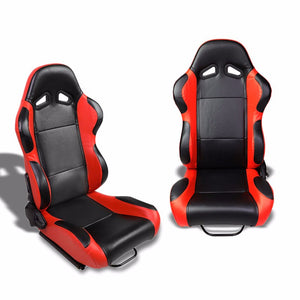 Pair Black Center/Red Reclinable PVC Leather Type-R Style Racing Seats W/Sliders-Interior-BuildFastCar