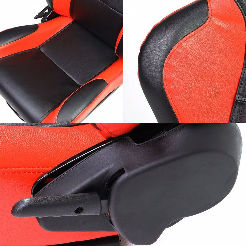 Pair Black Center/Red Reclinable PVC Leather Type-R Style Racing Seats W/Sliders-Interior-BuildFastCar