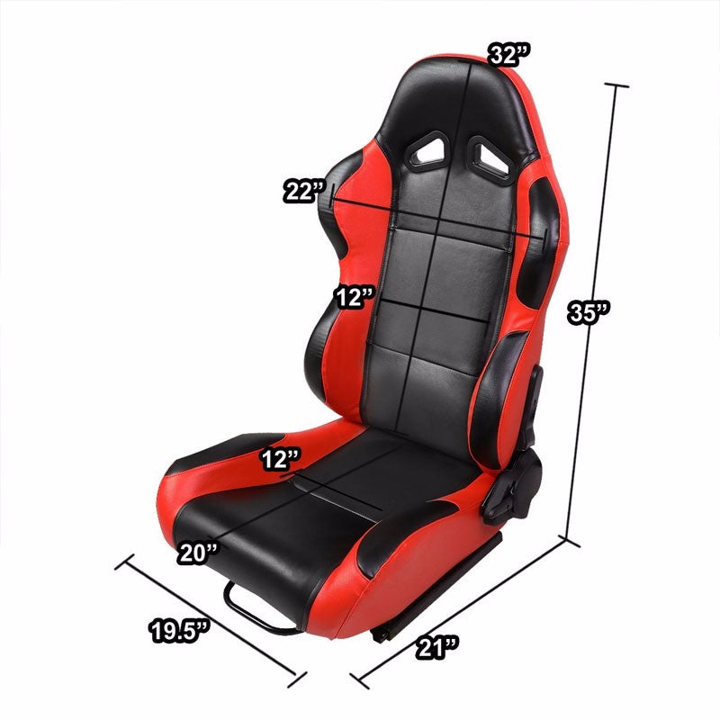 Pair Black Center/Red Reclinable PVC Leather Type-R Style Racing Seats W/Sliders-Interior-BuildFastCar