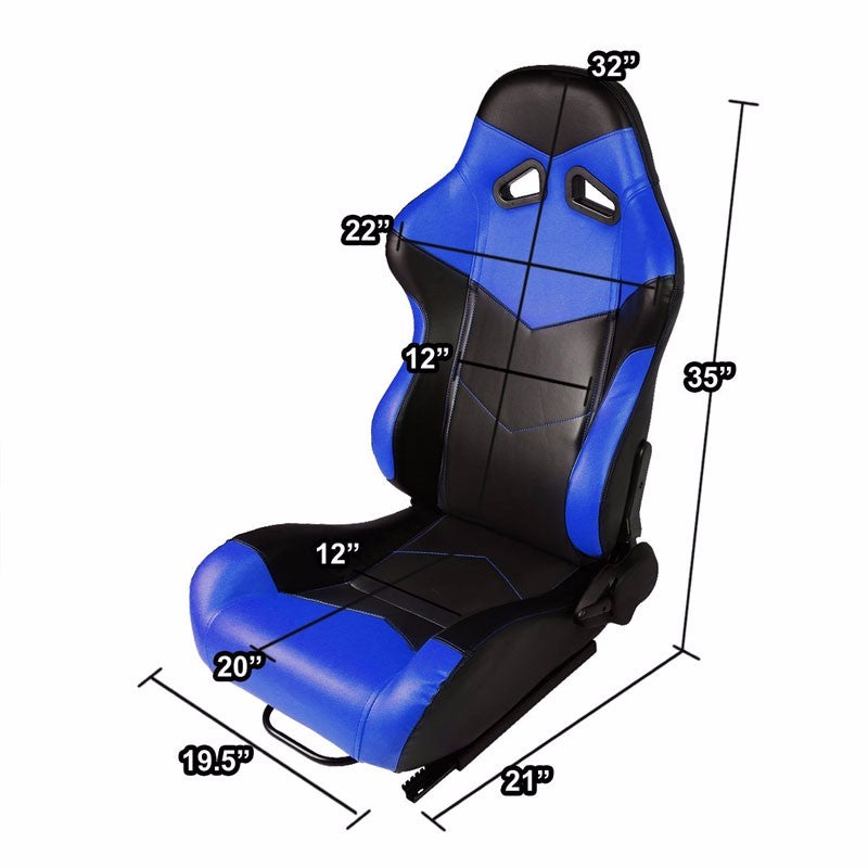 Pair Black/Blue Reclinable PVC Leather Arrow Design Sport Racing Seats W/Sliders-Interior-BuildFastCar