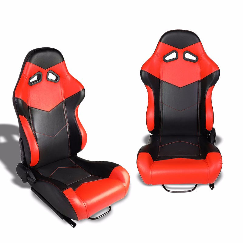 Pair Black/Red Reclinable PVC Leather Arrow Design Sport Racing Seats W/Sliders-Interior-BuildFastCar