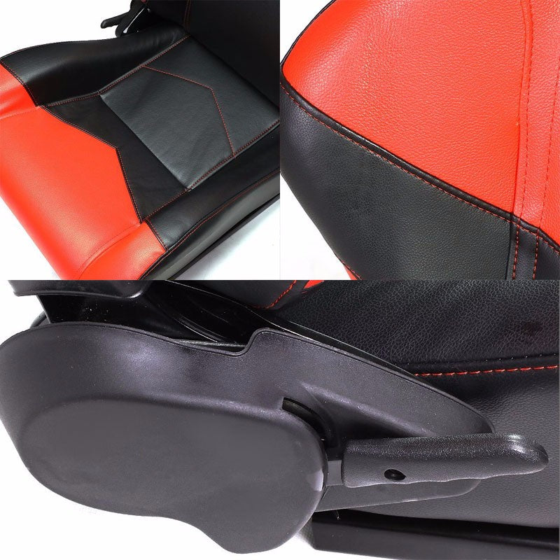 Pair Black/Red Reclinable PVC Leather Arrow Design Sport Racing Seats W/Sliders-Interior-BuildFastCar