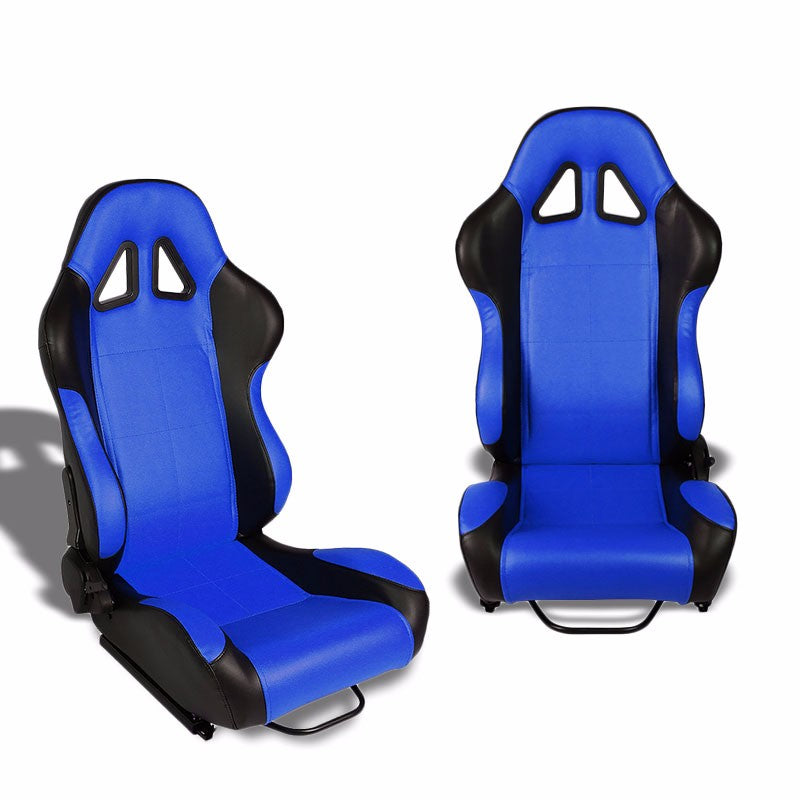 Pair Black/Blue Reclinable PVC Leather Square Style Sport Racing Seats W/Sliders-Interior-BuildFastCar
