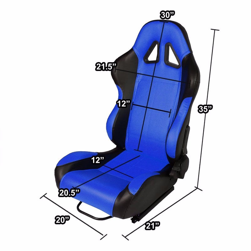 Pair Black/Blue Reclinable PVC Leather Square Style Sport Racing Seats W/Sliders-Interior-BuildFastCar