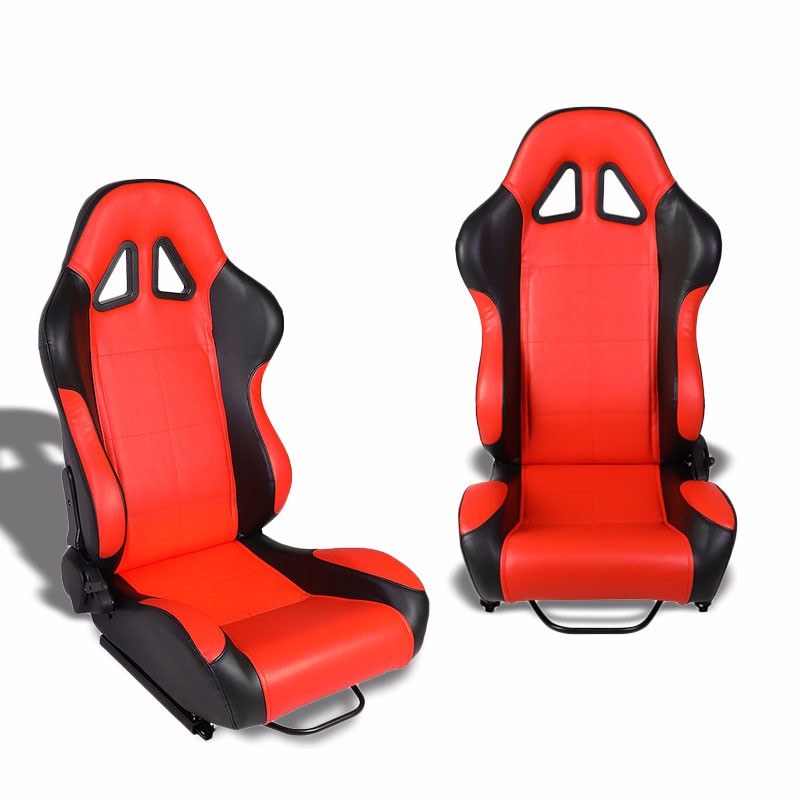 Pair Black/Red Reclinable PVC Leather Square Style Sport Racing Seats W/Sliders-Interior-BuildFastCar