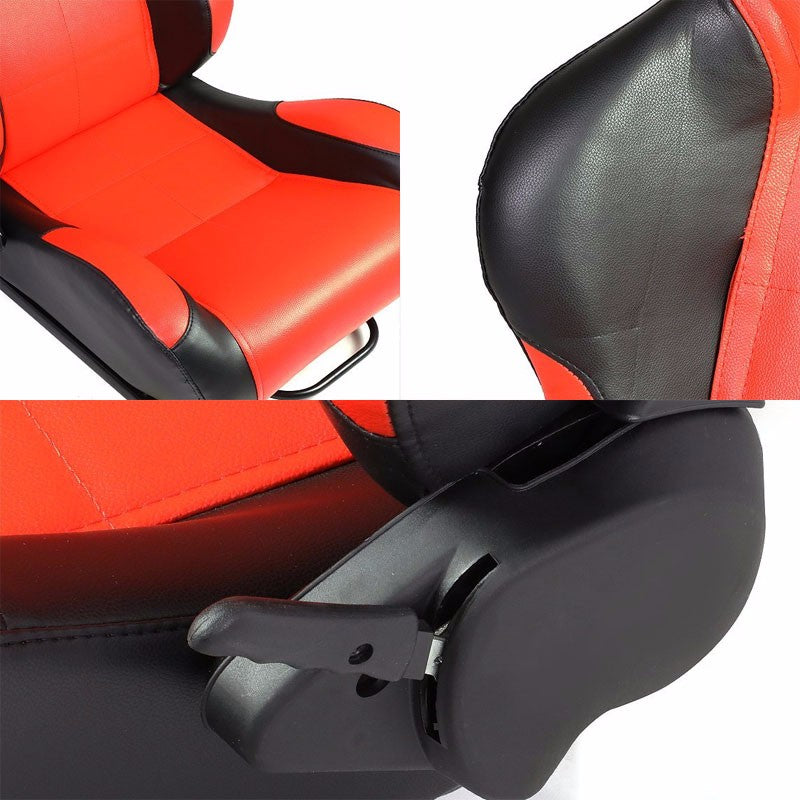 Pair Black/Red Reclinable PVC Leather Square Style Sport Racing Seats W/Sliders-Interior-BuildFastCar