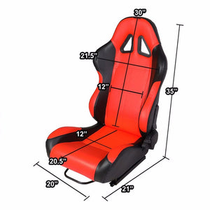 Pair Black/Red Reclinable PVC Leather Square Style Sport Racing Seats W/Sliders-Interior-BuildFastCar