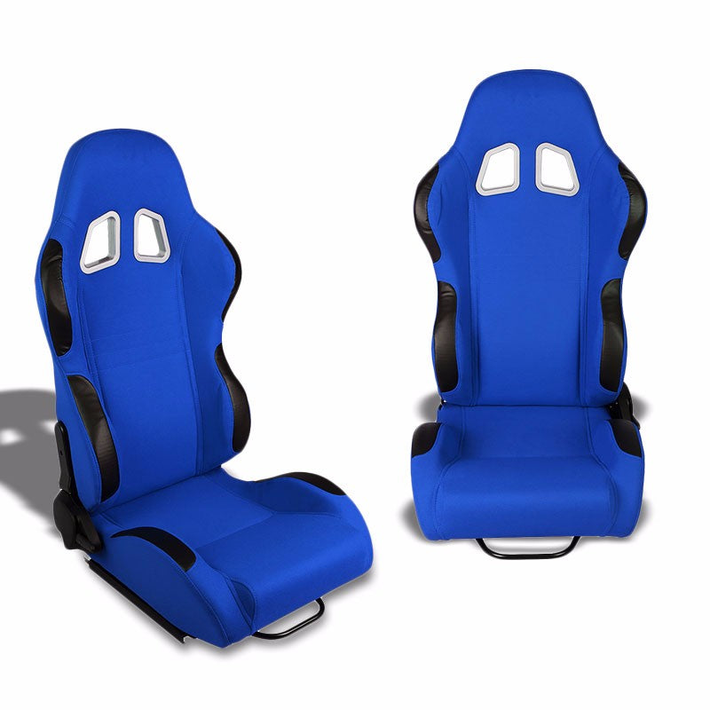 Pair Blue Center/Black Side Reclinable Cloth Type-R Sport Racing Seats W/Sliders-Interior-BuildFastCar