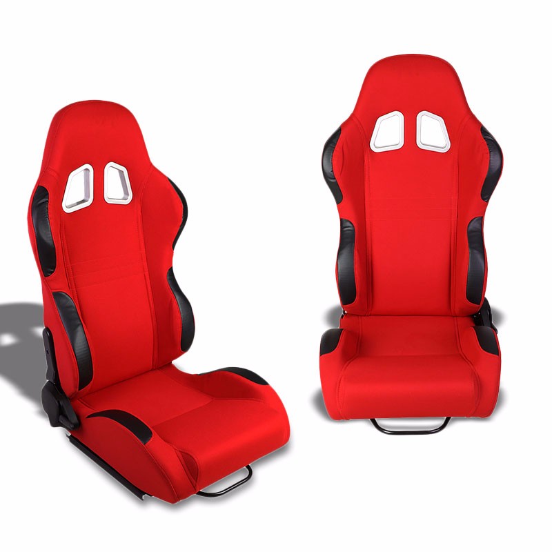 Pair Red Center/Black Side Reclinable Cloth Type-R Sport Racing Seats W/Sliders-Interior-BuildFastCar