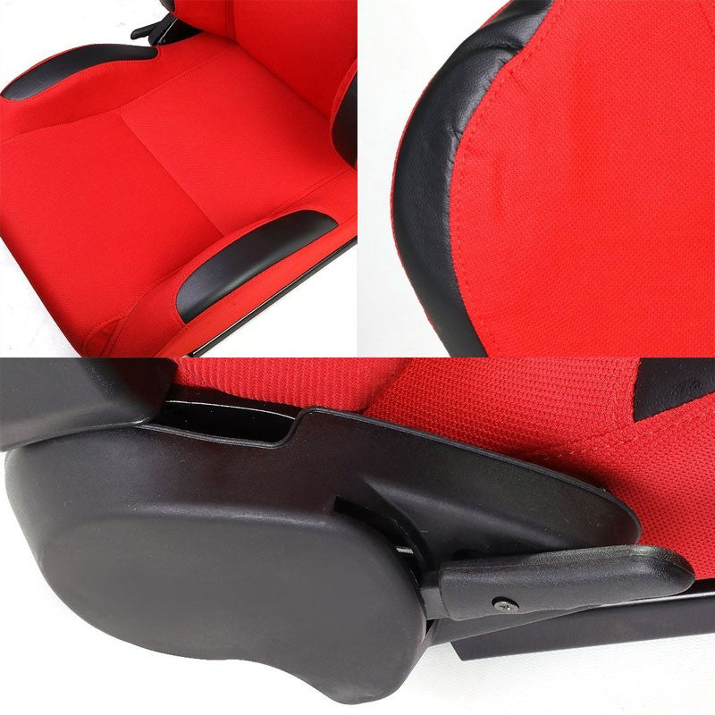 Pair Red Center/Black Side Reclinable Cloth Type-R Sport Racing Seats W/Sliders-Interior-BuildFastCar