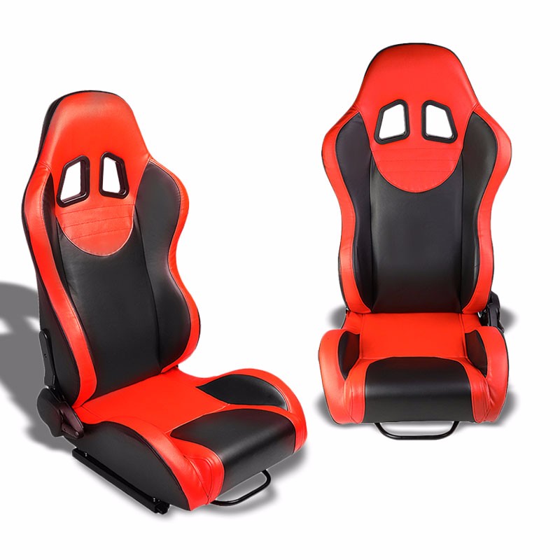 Pair Black Center/Red Side Reclinable Leater Type-R Sport Racing Seats W/Sliders-Interior-BuildFastCar