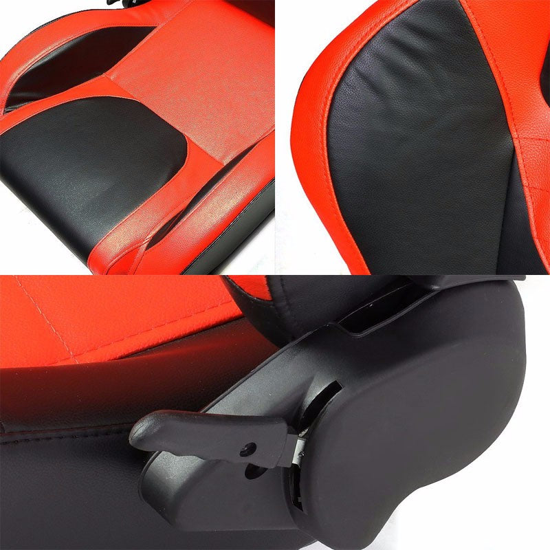 Pair Black Center/Red Side Reclinable Leater Type-R Sport Racing Seats W/Sliders-Interior-BuildFastCar