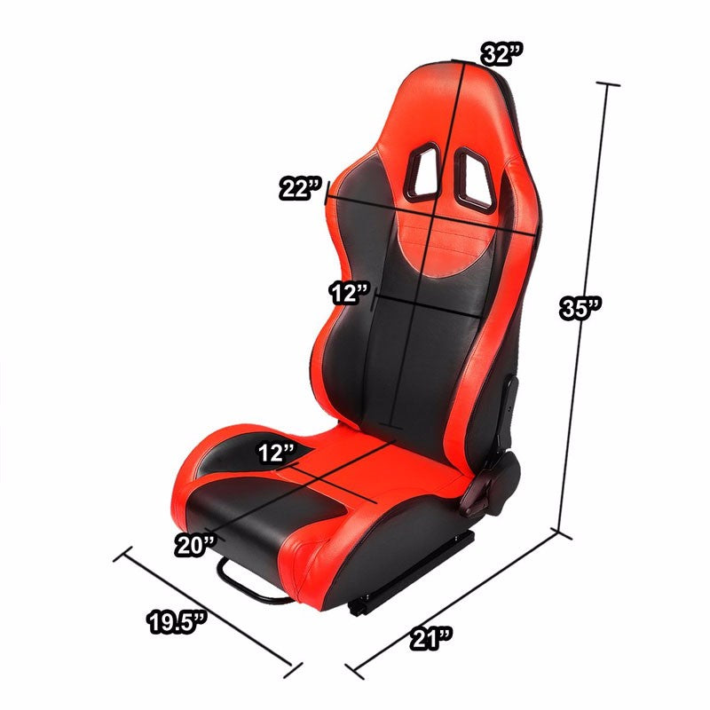 Pair Black Center/Red Side Reclinable Leater Type-R Sport Racing Seats W/Sliders-Interior-BuildFastCar