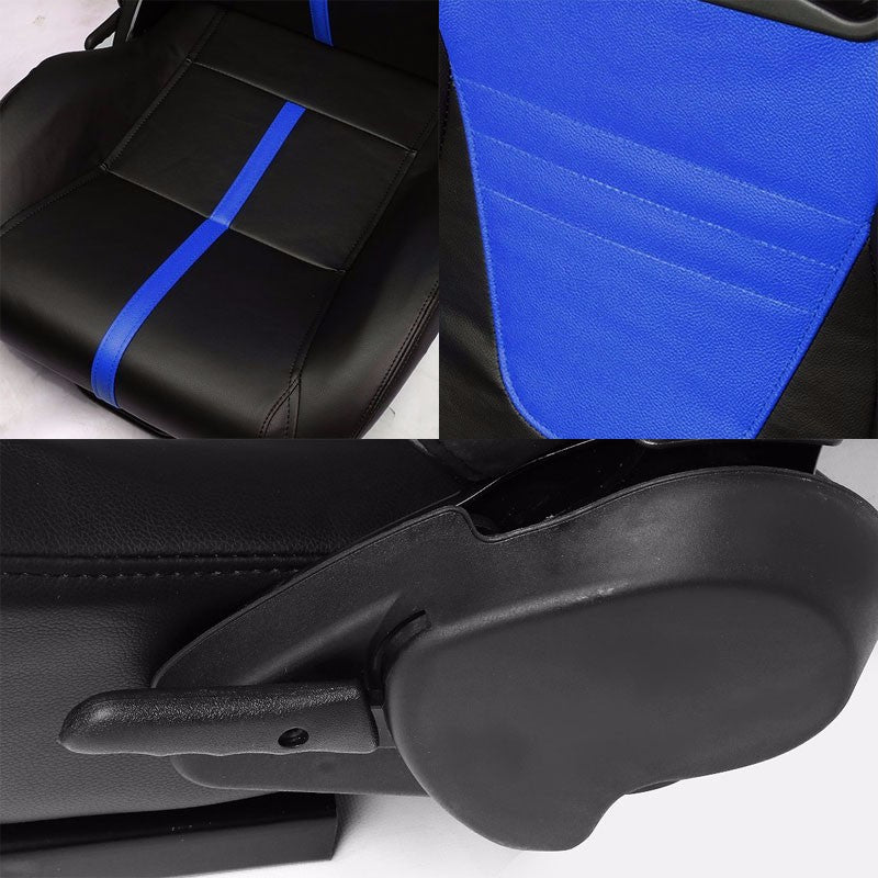 Pair Black/Blue Stripe Reclinable PVC Leater Type-R Sport Racing Seats W/Sliders-Interior-BuildFastCar