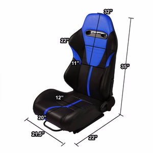Pair Black/Blue Stripe Reclinable PVC Leater Type-R Sport Racing Seats W/Sliders-Interior-BuildFastCar