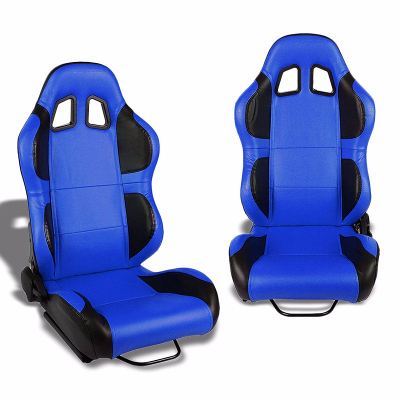 Pair Blue/Black Wing Reclinable PVC Leather Type-R Sport Racing Seats W/Sliders-Interior-BuildFastCar