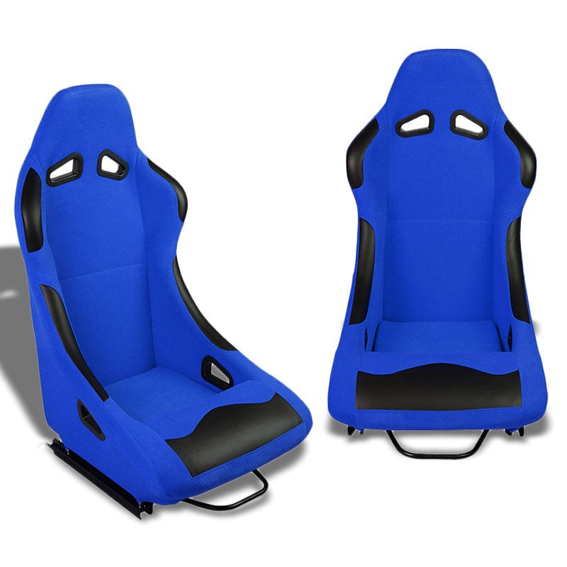 Pair Blue/Black Fixed Position Bucket Fabric Type-R Style Racing Seats W/Sliders-Interior-BuildFastCar