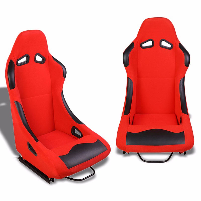 Pair Red/Black Fixed Position Bucket Fabric Type-R Style Racing Seats W/Sliders-Interior-BuildFastCar