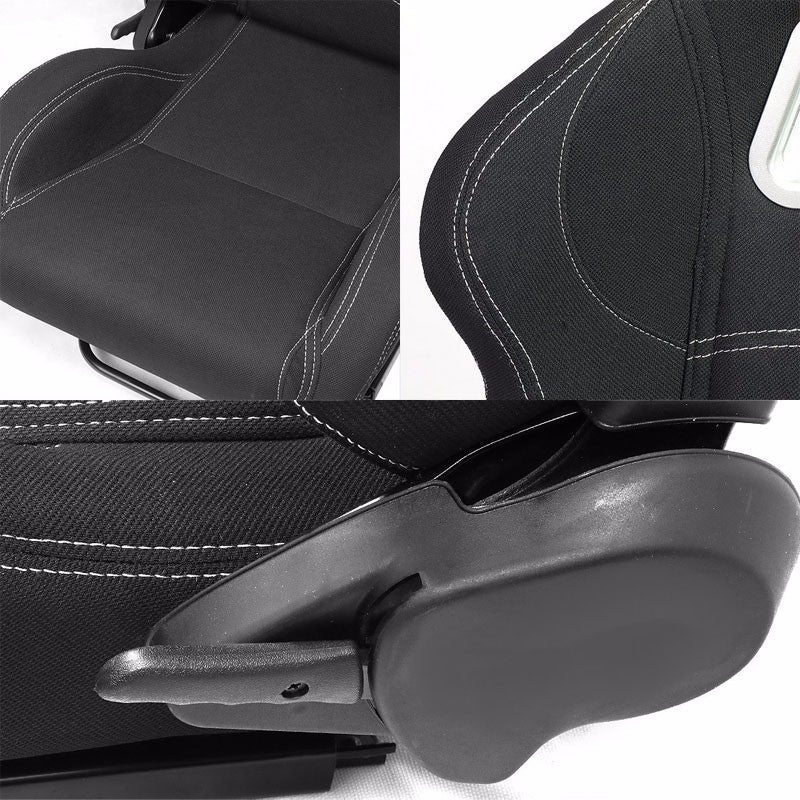 Pair Black/Double Stitch Reclinable Woven Fabric Sport Racing Seats W/Sliders-Interior-BuildFastCar