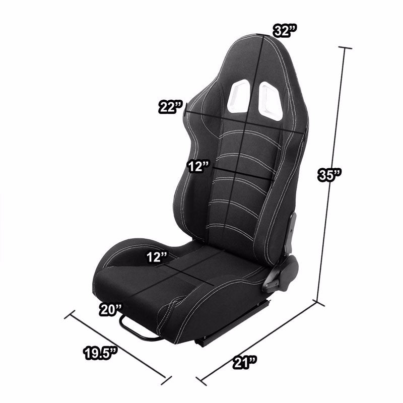 Pair Black/Double Stitch Reclinable Woven Fabric Sport Racing Seats W/Sliders-Interior-BuildFastCar