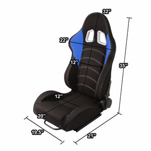 Pair Black/Blue/Double Stitch Reclinable Woven Fabric Type-R Style Racing Seats W/Sliders-Interior-BuildFastCar