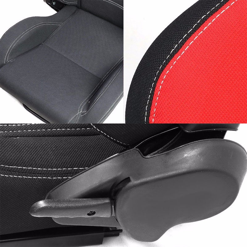 Pair Black/Red/Double Stitch Reclinable Woren Fabric Type-R Style Racing Seats W/Sliders-Interior-BuildFastCar