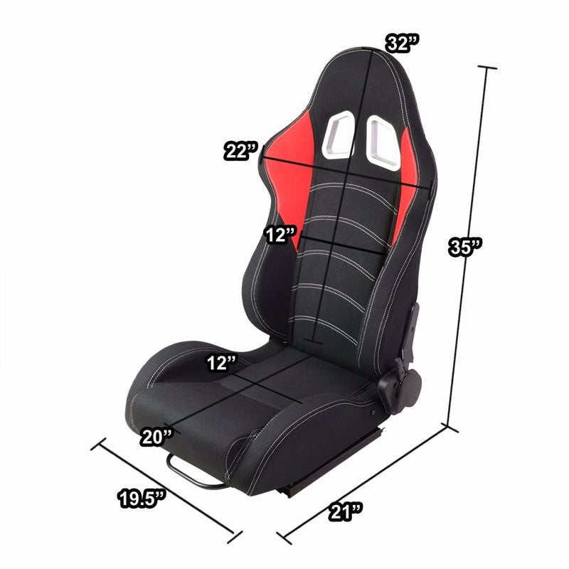 Pair Black/Red/Double Stitch Reclinable Woren Fabric Type-R Style Racing Seats W/Sliders-Interior-BuildFastCar