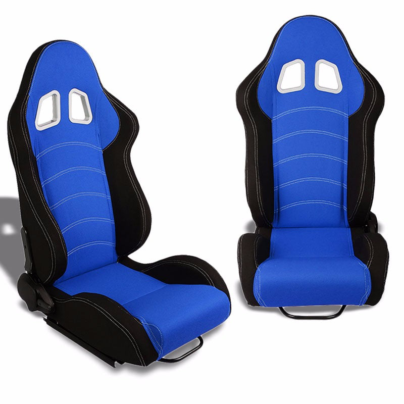 Pair Blue/Black Side Reclinable Woven Fabric Type-R Sport Racing Seats W/Sliders-Interior-BuildFastCar