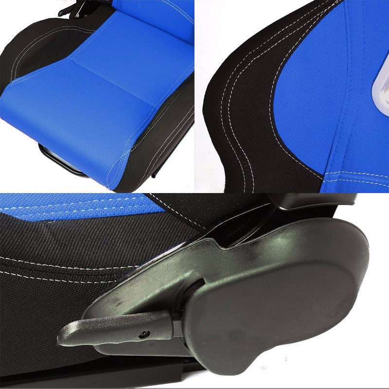 Pair Blue/Black Side Reclinable Woven Fabric Type-R Sport Racing Seats W/Sliders-Interior-BuildFastCar