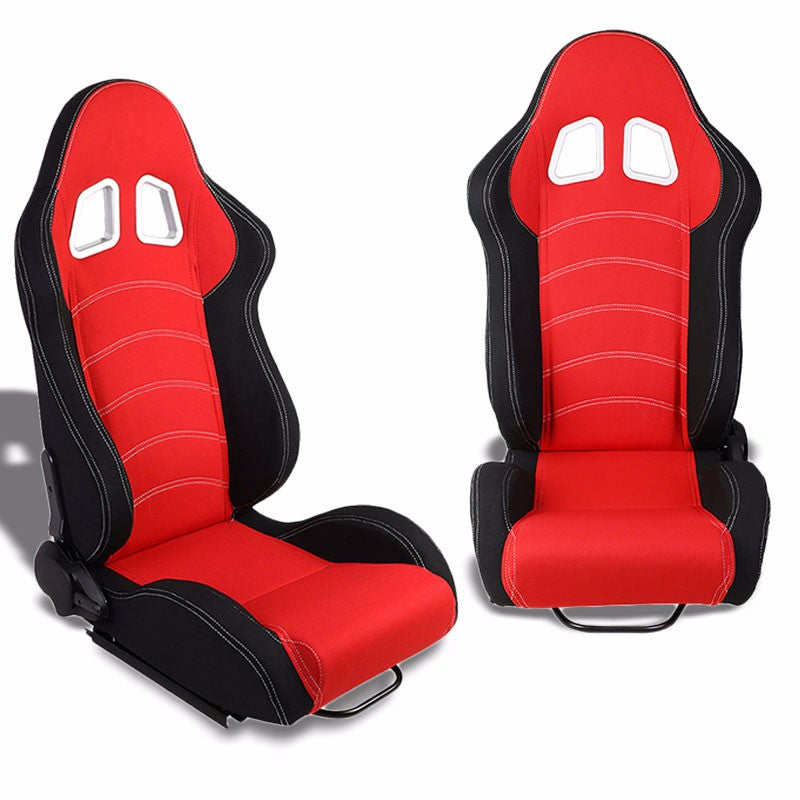 Pair Red/Black Side Reclinable Woven Fabric Type-R Sport Racing Seats W/Sliders-Interior-BuildFastCar