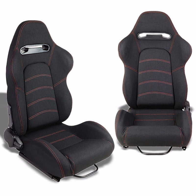 Pair Black/Double Red Stitch Reclinable Woven Cloth Type-R Style Racing Seats W/Sliders-Interior-BuildFastCar